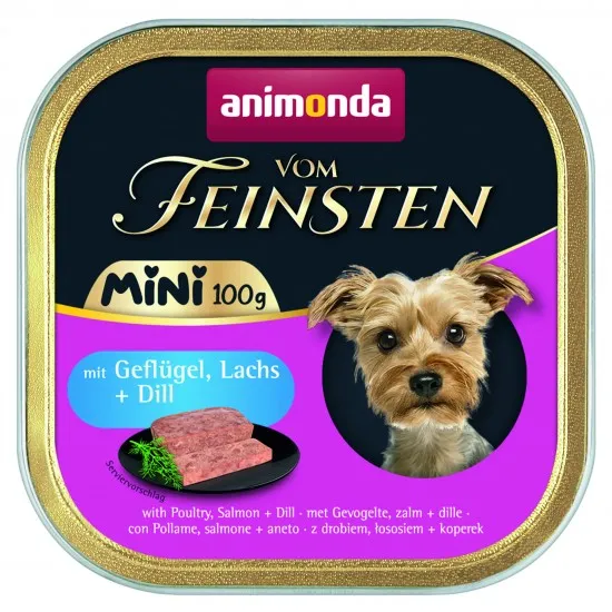 Animonda Vom Feinsten Mini Dog - Пълноценна консервирана храна за дребни породи кучета с птиче месо, сьомга и копър, 100 гр,/4 броя