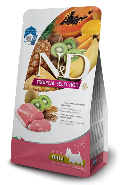 N&D Tropical Selection Dog Adult MINI Pork and Tropical fruits – Пълноценна суха храна за кучета над 1 година от дребни породи, със свинско, спелта, овес и тропически плодове, 1.5 кг.