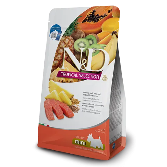 N&D Tropical Selection Dog Adult MINI Salmon and Tropical fruits –Пълноценна суха храна за кучета над 1 година от дребни породи, със сьомга, спелта, овес и тропически плодове,1.5 кг. 1