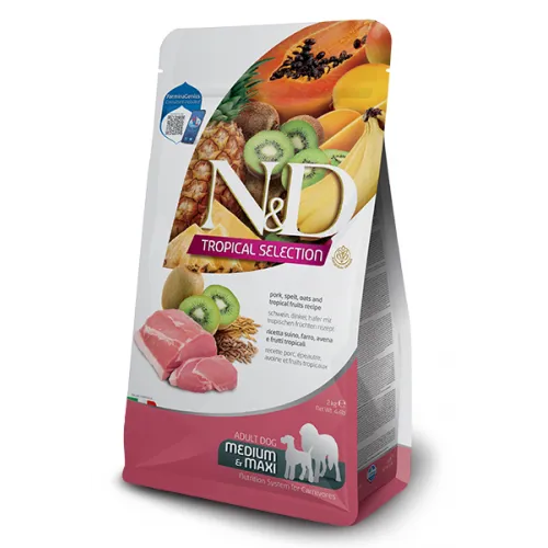 N&D Dog Grain Free Tropical Selection Adult Medium & Maxi Pork and Tropical fruits – Пълноценна суха храна за кучета над 1 година от средни и едри породи, със свинско, спелта, овес и тропически плодове - 2 кг.