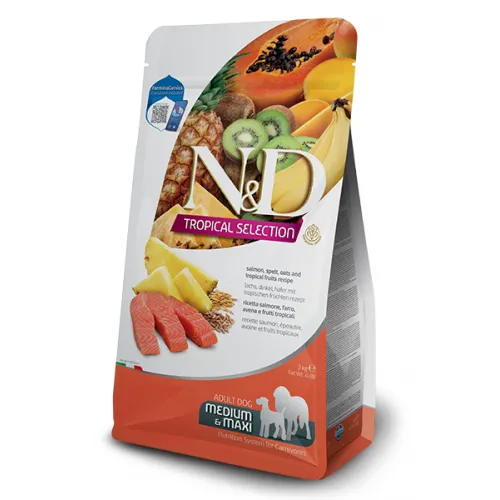N&D Dog Grain Free Tropical Selection Adult Medium & Maxi Salmon and Tropical fruits – Пълноценна суха храна за кучета над 1 година от средни и едри породи със сьомга, спелта, овес и тропически плодове - 2 кг. 1