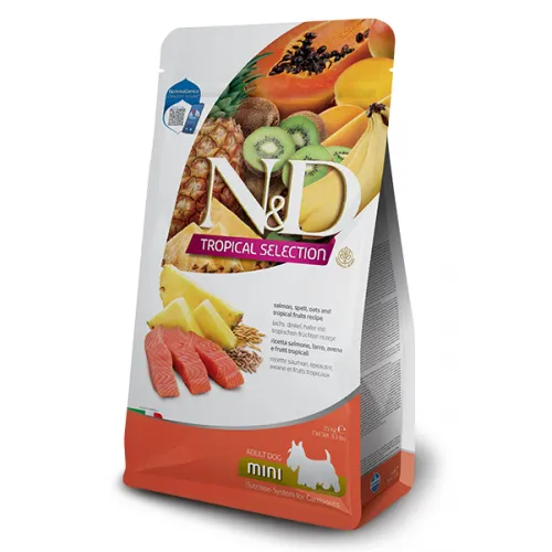 N&D Dog Grain Free Tropical Selection Dog Adult MINI Salmon and Tropical fruits – Пълноценна суха храна за кучета над 1 година от дребни породи, със сьомга, спелта, овес и тропически плодове - 5 кг. 1