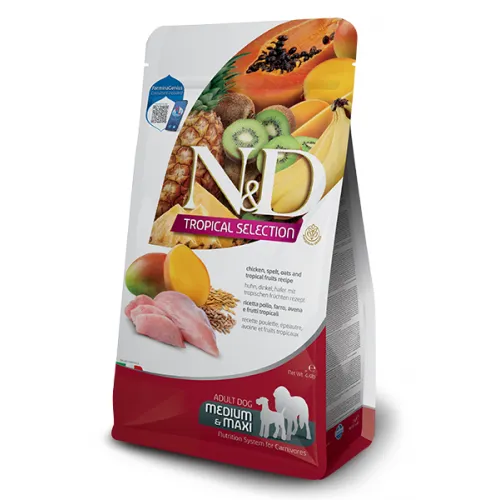 N&D Dog Grain Free Tropical Selection Adult Medium & Maxi Chicken and Tropical fruits – Пълноценна суха храна за кучета над 1 година от средни и едри породи, с пилешко месо, спелта, овес и тропически плодове - 10 кг. 1