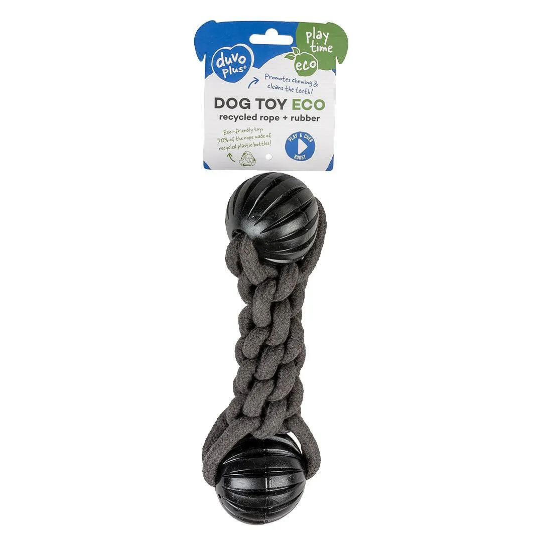 Duvo Еко - Играчка за кучета, въже с 2 черни гумени топки от рециклирани пластмасови бутилки, 23 см. 1