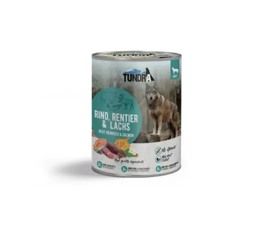 Tundra Dog - Пълноценна консервирана храна за кучета с телешко, северен елен и сьомга, 400 гр./2 броя