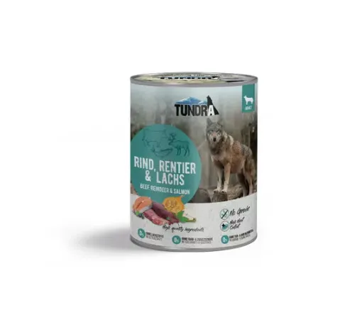 Tundra Dog - Пълноценна консервирана храна за кучета с телешко, северен елен и сьомга, 400 гр./2 броя