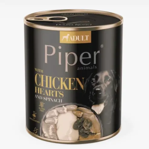 Piper Adult Dog - Пълноценна консервирана храна за израснали кучета с пилешки сърца, кафяв ориз и спанак, 800 гр./2 броя