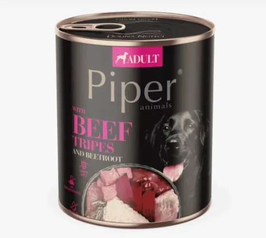 Piper Adult Dog - Пълноценна консервирана храна за израснали кучета с говеждо шкембе и червено цвекло, 800 гр./2 броя