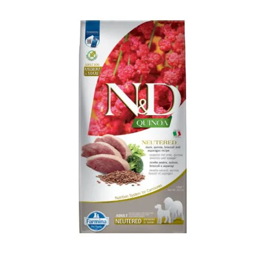 N&D Quinoa Neutered - Пълноценна храна за кастрирани кучета от средни и едри породи в зряла възраст с киноа, патица, броколи и аспержи, 12кг. 