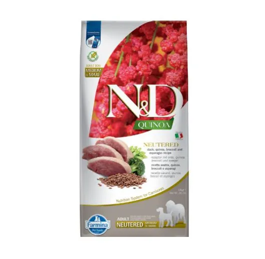 N&D Quinoa Neutered - Пълноценна храна за кастрирани кучета от средни и едри породи в зряла възраст с киноа, патица, броколи и аспержи, 12кг. 
