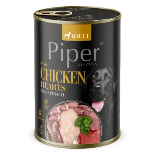 Piper Adult Dog - Пълноценна консервирана храна за израснали кучета с пилешки сърца, кафяв ориз и спанак, 400 гр.