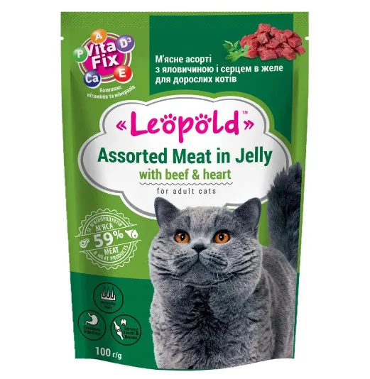 Leopold Cat - Пауч за котки в зряла възраст, вкусно асорти от говеждо месо и сърца, 24 броя х 100гр.