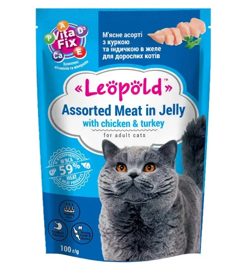 Leopold Cat - Пауч за котки с пилешко месо и пуйка, 24 броя х100 гр.