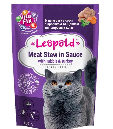 Leopold Cat - Пауч за израснали котки със заешко месо и пуйка, 24х100 гр.