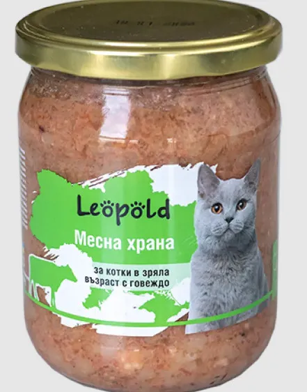 Leopold Cat - Пълноценна консервирана храна за израснали котки с говеждо месо и зеленчуци, 6х460 гр.