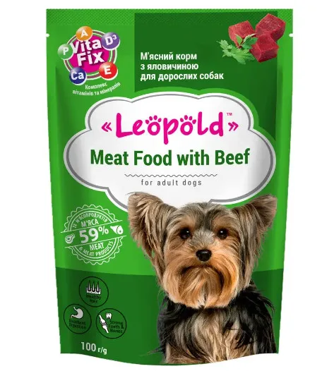 Leopold Dog - Пълноценна консервирана месна храна с говеждо месо за кучета в зряла възраст, 24 х 100гр.