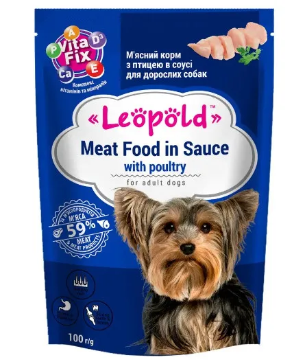 Leopold Dog - Пълноценна консервирана месна храна с птиче месо в сос за кучета в зряла възраст, 24 х 100гр.