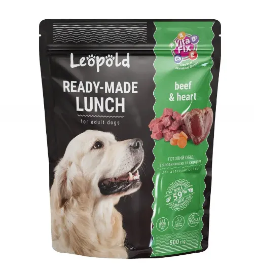 Leopold Dog - Пълноценна храна с говеждо месо и сърца за кучета в зряла възраст, 12 х 500гр.