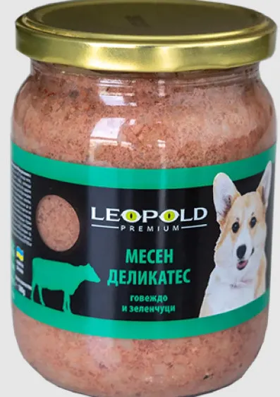 Leopold Dog - Пълноценна консервирана месна храна за кучета в зряла възраст, месен деликатес с говеждо и зеленчуци,6 х 500гр.
