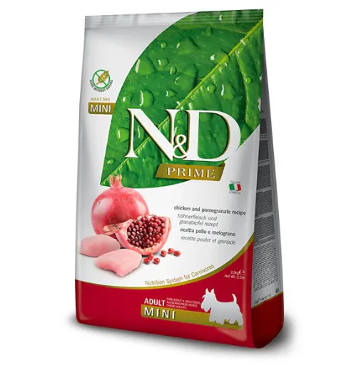 N&D Prime Chicken & Pomegranate Adult Mini –Премиум суха храна без зърнени култури за кучета в зряла възраст от дребни породи, с пилешко месо и нар 800 гр. 1