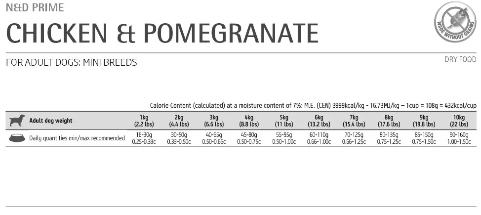 N&D Prime Chicken & Pomegranate Adult Mini –Премиум суха храна без зърнени култури за кучета в зряла възраст от дребни породи, с пилешко месо и нар 800 гр. 3