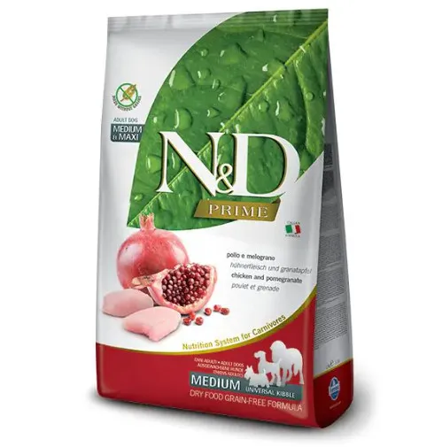 N&D Prime Chicken & Pomegranate Adult Medium & Maxi – Пълноценна суха храна без зърнени култури за кучета над 1 година от средни и едри породи с пилешко месо и нар, 2,5 кг.