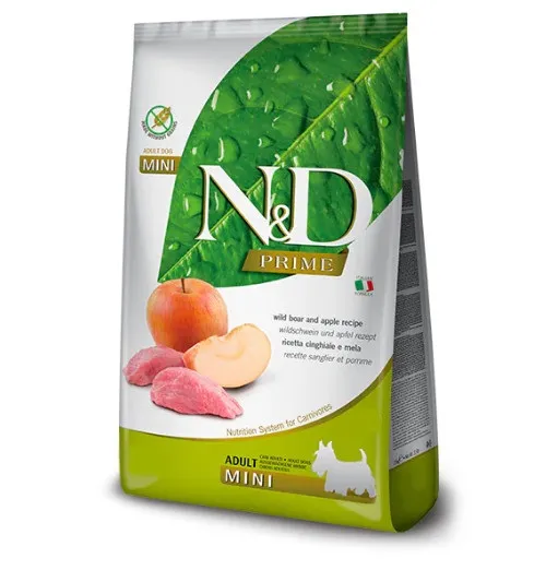 N&D Prime Wild Boar & Apple Adult Mini – Пълноценна суха храна без зърнени култури за кучета в зряла възраст от дребни породи, с месо от глиган и ябълка, 2.5кг.