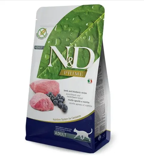 N&D Prime Cat Adult Lamb & Blueberry 5 kg –Пълноценна суха храна без зърнени култури за котки над 1 година с агнешко месо и боровинки, 5 кг.