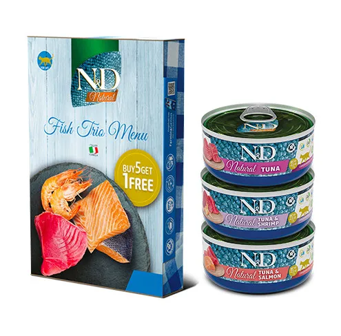 N&D Natural FISH TRIO MENU – Мокра допълваща храна за котки в зряла възраст 3 вида: с риба тон, с риба тон и сьомга, с риба тон и скариди, консерва, 6 броя х 70 гр.