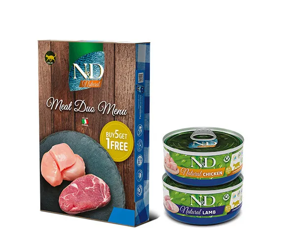 N&D Natural MEAT DUO MENU – Мокра допълваща храна за котки в зряла възраст, с пилешко и агнешко месо, 6х 70 гр.