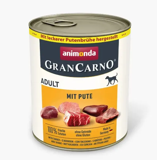 Animonda GranCarno Dog Adult - Пълноценна консервирана храна за кучета, без зърнени храни с пуешко месо, 800гр./2 броя