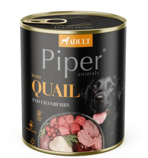 Piper Adult Dog - Пълноценна консервирана храна за израснали кучета с месо от пъдпъдък и боровинки, 800гр / 2 броя