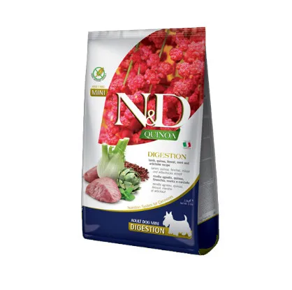 N&D Quinoa Digestion - Пълноценна диетична храна за израснали кучета от малки и мини породи за компенсиране на мадигестия и екзокринна панкреатична недостатъчност,  с агнешко месо, 7 кг.