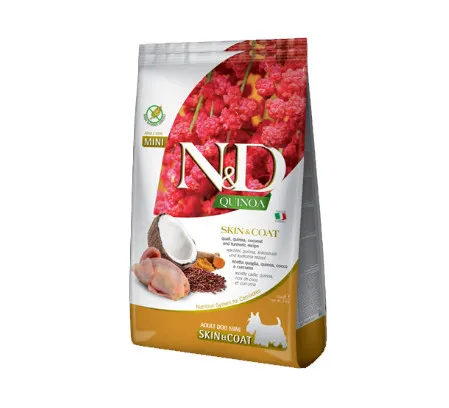 N&D Quinoa Skin & Coat - Пълноценна суха храна за здрава кожа и козина за израснали кучета от малко и мини породи, с херина, кокос, ниоа и куркума,7кг.