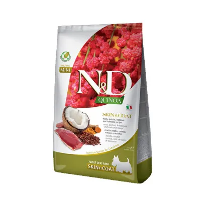 N&D Quinoa Skin & Coat - Пълноценна храна за израснали кучета от малки и мини породи за здрава козина и кожа, с патешко месо, 7кг.