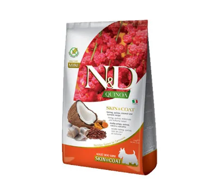 N&D Quinoa Skin & Coat - Пълноценна храна за израснали кучета от малки и мини породи за здрава козина и кожа, с херинга, кокос, киноа и куркума, 7кг.