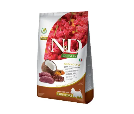 N&D Quinoa Skin & Coat - Пълноценна храна за израснали кучета от малки и мини породи за здрава козина и кожа с еленско месо, киноа, кокос и куркума, 7кг.