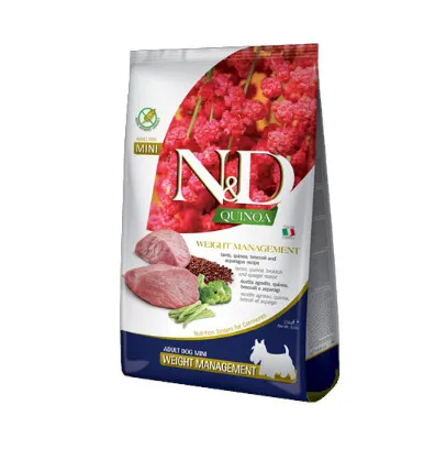 N&D Quinoa Weight Management - Пълноценна храна за израснали кучета от малко и мини породи за намаляване на наднорменото тегло без лишаване от храна,  с агнешко, киноа, броколи и аспержи, 7кг.
