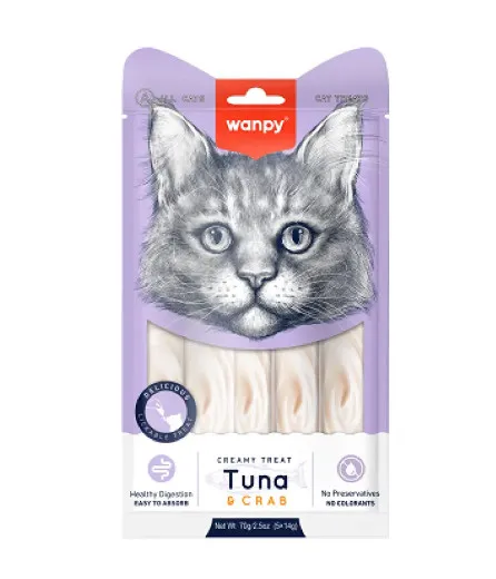 Wanpy Cat - Кремообразно лакомство за котки с риба тон и раци, 5х14гр. в пауч