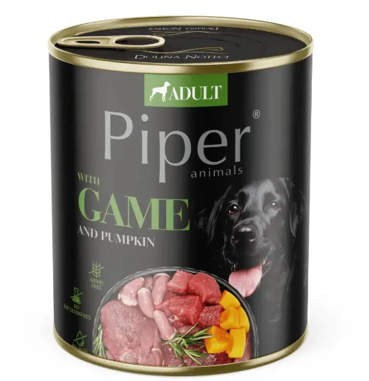 Piper Adult Dog - Пълноценна консервирана храна за израснали кучета с дивеч, тиква и розмарин, 800гр.