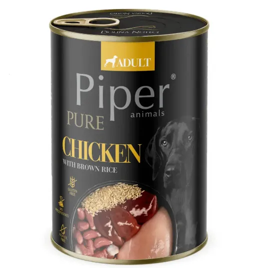 Piper Pure Dog Adult - Пълноценна консервирана храна за израснали кучета с пилешко и кафяв ориз, 400гр./2 броя