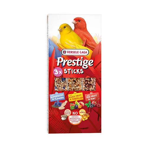 Versele-Laga Prestige Sticks Canaries Triple Variety Pack – Лакомство за канари – 3 стика с различни вкусове, с микс от плодове и глухарче, 3х30гр. 1