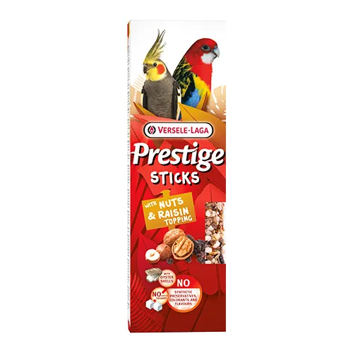 Versele-Laga  Prestige Sticks Big Parakeets with Nuts & Raisin topping –Лакомство за средни папагали – стикове с топинг от ядки и стафиди,2х70гр. 1