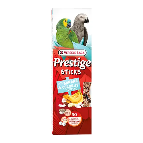 Versele-Laga Prestige Sticks Parrots Banana & Coconut topping- Лакомство за големи папагали – стикове с топинг с банан и кокос, 2х70гр. 1