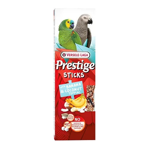 Versele-Laga Prestige Sticks Parrots Banana & Coconut topping- Лакомство за големи папагали – стикове с топинг с банан и кокос, 2х70гр. 1