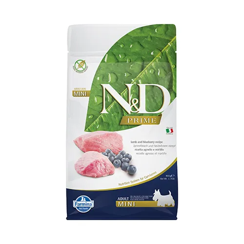 Farmina N&D Prime Adult Mini Lamb & Blueberry - храна за кучета в зряла възраст от дребни породи с агнешко и боровинки; без зърнени култури 0.800 кг 