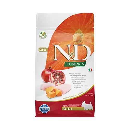Farmina N&D Pumpkin Mini Adult Chicken & Pomegranate - храна за кучета в зряла възраст от дребни породи с пиле, тиква и нар; без зърнени култури 0.800 кг