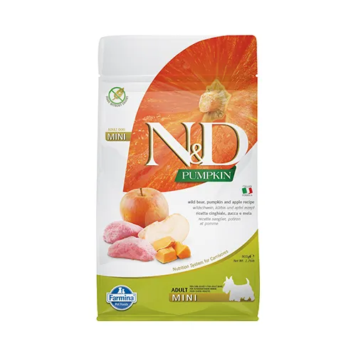 Farmina N&D Pumpkun Mini Adult Boar & Apple - храна за кучета в зряла възраст от дребни породи с глиганско, тиква и ябълка; без зърнени култури 0.800 кг