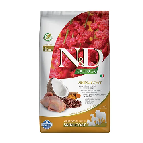 Farmina N&D Dog Quinoa Skin & Coat Quail - храна за кучета в зряла възраст с чувствителна кожа и козина с пъдпъдък 2.500 кг