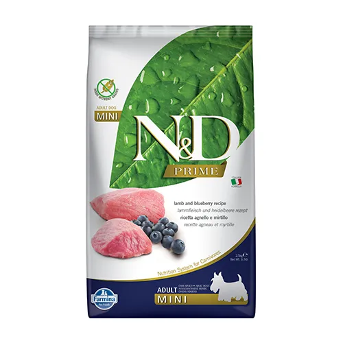 Farmina N&D Prime Adult Mini Lamb & Blueberry - храна за кучета в зряла възраст от дребни породи с агнешко и боровинки; без зърнени култури 2.500 кг